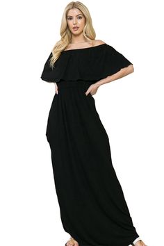 This versatile Off Shoulder Maxi Dress from Iconic Luxe will be a perfect statement piece for any occasion. Sophisticated, elegant and comfortable, this dress features a concealed side pockets and elastic off shoulder ruffle detail. It is sure to be a hit for the warmer months and is easy to dress up. 95% Rayon, 5% Spandex Made in the USA Pull On closure Features: ruffled off-shoulder detail, elastic waist, concealed side pockets, maxi length Suit for: work, street wear, daily wear, date night, movie night, Sunday brunch, farmers market, vacation, traveling, beach, special occasions, barbeque party, wedding, baby shower, bridal shower Season: spring, summer, fall Model is 5’8” and wearing size Small. Hand wash cold. Do not bleach. Hang to dry. Casual Off Shoulder Strapless Dress With Ruffles, Casual Strapless Off Shoulder Dress With Ruffles, Casual Strapless Off-shoulder Dress With Ruffles, Solid Color Off-shoulder Dress With Ruffles, Black Off-shoulder Maxi Dress With Ruffles, Elegant Flowy Off Shoulder Dress With Ruffles, Elegant Flowy Ruffled Off Shoulder Dress, Solid Flowy Off-shoulder Dresses, Chic Off-shoulder Solid Maxi Dress