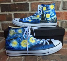 Custom painted Starry Night black Converse All Stars for women. I was commissioned to paint this popular painting by the famous Vincent Van Gogh on a pair of Converse for Christmas this past year and decided I would off them to you all. This listing is Womens sizes. Here is are the size equivalents for men. The sizes are as follows: M 3= W 5 M 3.5= W 5.5 M 4 = W 6 M 4.5= W 6.5 M 5 = W 7 M 5.5=W 7.5 M 6= W 8 M 6.5= W 8.5 M 7= W 9 M 7.5 = W 9.5 M 8 = W 10 M 8.5 = W 10.5 M 9 = W 11 M 9.5= W 11.5 M Painted Converse, Black High Top Shoes, Black Canvas Shoes, Van Gogh Painting, Custom Painted Shoes, Painted Sneakers, Converse All Stars, Arte Van Gogh, All Stars Converse