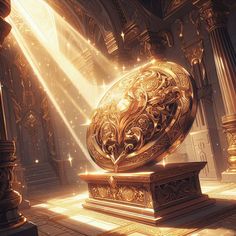 an artistic rendering of a golden sphere with light coming from it's center surrounded by columns