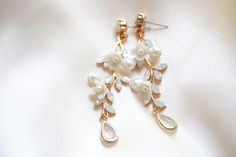 Pearl Bridal Earrings, Bridal Jewelry, Floral Wedding Earrings, Long Earrings for Bride, Gold Earrings, White Opal Earrings, Boho Earrings - Etsy White Teardrop Flower Earrings For Wedding, Elegant White Bridal Earrings For Wedding Gift, Elegant White Bridal Earrings, Bride Gold Earrings, Earrings For Bride, Pearl Bridal Earrings, White Opal Earrings, Backdrops Necklace, Jewelry Floral