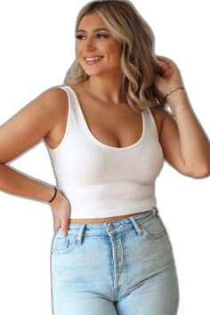 White Crop Tank, Cute Skirt, Ribbed Tank, White Crop, Cute Skirts, Crop Tank, Stretchy Material, Casual Looks, Ribbed Knit