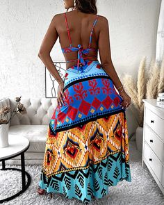 Woman wearing multicolor tribal print crop top and long flowy skirt Stylish Outfit, Bold Colors, Stylish Outfits, Halter Dress, Skirt Set, Must Haves, Skirt, Color