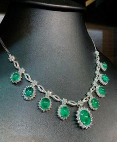 "\"The Cabochon Emerald Necklace\" - Worldclass masterpiece! THIS SET IS A MUST HAVE FOR ANY JEWELRY COLLECTOR! HUGE AND SPARKLING! Vivid green emeralds with full gemological certificates! Surrounded by almost 9 carats of natural DIAMONDS! Glamorous! Set in one of a kind, elegant 18K solid white gold, handmade settings! THIS LISTING INCLUDES BOTH THE NECKLACE AND THE EARRINGS! Suggested Retail price: $45,000 USD NECKLACE & PENDANT: Central emerald: 5.55 carats! Vivid green, with great transl Earrings Chain, Tiffany Necklace, Tiffany Jewelry, Vs Diamond, Emerald Necklace, Green Gems, White Gold Earrings, Diamond Jewellery, Chain Pendant