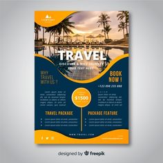 a blue and yellow travel flyer with palm trees