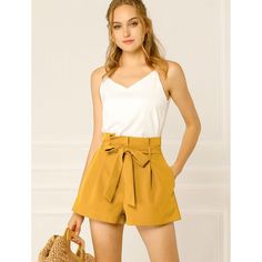 Sweet, cute, and feminine, easy shorts to wear for multi-occasions. Feminine style, pair with casual or elegant tops, and high heels. Occasion: Work, Business, Daily, Shopping, Vacation. Self-tie waist, bright sunflower yellow, hidden side pockets, A-line, pleated front, lightweight. Model Body Size: Height: 5'6", Chest: 32 1/4 inches, Waist: 23 5/8 inches, Hip: 34 1/4 inches, Weight: 105 lbs, the model is wearing an X-Small. Elegant Tops, High Waist Short, Womens Summer Shorts, Paper Bag Shorts, Tie Shorts, Lightweight Shorts, Womens Tie, Boho Summer, Bottom Clothes