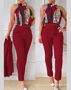 Red Sleeveless Two-piece Set, Sleeveless Stretch Two-piece Set, Stretch Sleeveless Two-piece Sets, Orange Trends, Halter Tank Top, Chic Type, Print Tank Top, Top Pants Set, Floral Pants