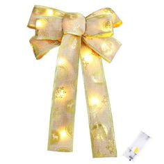 a yellow bow with lights on it