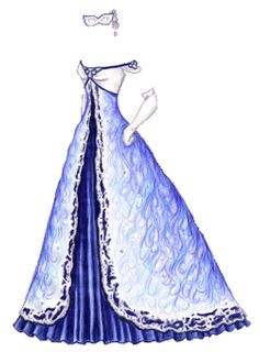 a paper doll wearing a blue dress with white lace on the skirt and neckline