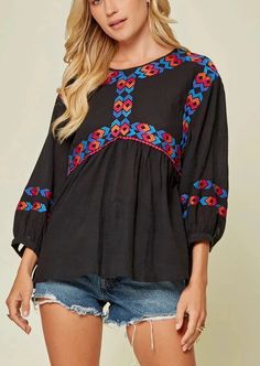 Bring some bohemian vibes to your wardrobe with our Boho Embroidered Lightweight Black Top. This top features beautiful embroidery and is made from lightweight material, making it perfect for any casual or dressed-up look. Embrace your inner free spirit with this unique and stylish top. 3/4 length sleeves with button cuffs 100% Rayon Pull-over style Floral Embroidery Top, Velvet Top Long Sleeve, Pretty Embroidery, Boho Peasant Top, Women Floral Blouse, Tiered Tops, Bohemian Vibes, Floral Embroidered Top, Embroidery Top