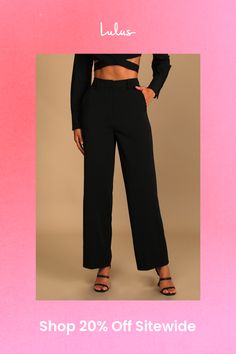 From work to happy hour, get down to business with the Lulus So Get This Black High-Waisted Wide-Leg Trouser Pants! Lightweight stretch-woven fabric shapes these pants with a high-rise waist, belt loops, and a hidden top clasp with a hidden zip fly. Two diagonal pockets accent wide pant legs that end at ankle-grazing hems. Pair with the matching top for a complete look! Fit: This garment fits true to size. Length: Ankle length. Size medium Inseam: 30.50 Front Rise: 13.00 Waist: Fitted - very fitted at natural waist. Hip: Loosely Fitted. Fabric: Fabric has some stretch. Unlined. 98% Polyester, 2% Spandex. Hand Wash Cold. Do Not Bleach. Line Dry. Iron Low Heat. Imported. Lulus | So Get This Black High-Waisted Wide-Leg Trouser Pants. Fitted High-waisted Dress Pants For Date Night, Chic High Waist Work Pants For Formal Occasions, Chic Fitted Solid Work Pants, Chic Straight Leg Dress Pants For Night Out, Tailored High Waist Wide Leg Pants For Night Out, Chic Fitted Solid Color Work Pants, Tailored Wide-leg Pants For Night Out, Stretch High Waist Work Pants, Chic Straight Leg Pantsuit For Night Out