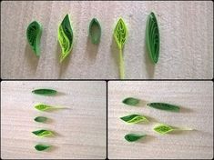 four photos of green leaves on a white surface, one is cut in half and the other two are made out of plastic