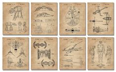 six star wars drawings on old paper with some type of robot in it's hands