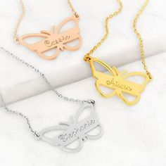 Embrace the beautiful symbol for renewed life, hope and joy-the butterfly! This pretty design features a butterfly with a personalized name bar at the center. Suspended from an 18" cable chain with 2" extender, our charming pendant makes a perfect gift for graduation, a birthday or any special occasion. Choose from three color options; warm Gold. cool Silver or radiant Rose Gold. Personalization cannot contain any special characters, emojis or shapes. Size: one size.  Gender: female.  Age Group: Heart Cross Necklace, Gift For Graduation, Beautiful Symbols, Nameplate Necklace, Couple Necklaces, Monogram Necklace, Birthstone Pendant, Key Necklace, Pretty Design