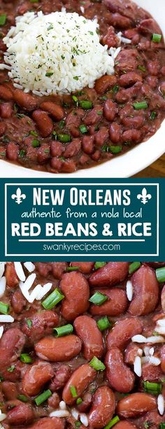 red beans and rice in a white bowl with the words new orleans authentic from 4 north local restaurants