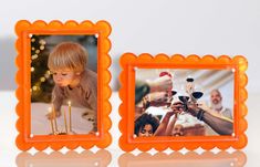 an orange frame holds two photos of a child with a candle in front of them