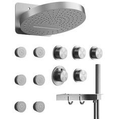 an overhead shower head with six different knobs