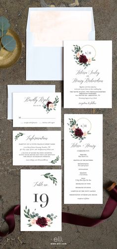 wedding stationery suite with burgundy flowers and greenery