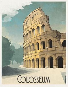 an illustration of the colosseum in rome, with trees and clouds behind it