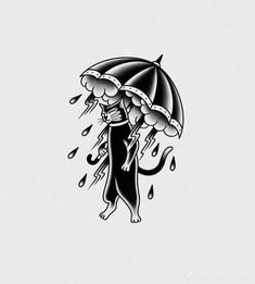 a black and white drawing of a cat holding an umbrella with rain drops on it