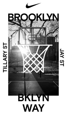 an advertisement for the brooklyn nets basketball team in black and white with a silhouette of a basket