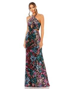 Mac Duggal Sequin Fabric (100% polyester) Fully lined Crisscross halter neckline Sleeveless Lace-up open back Keyhole and side cutouts Concealed back zipper Approx. 62.5" from top of shoulder to bottom hem Available in Black Multi Style #49695 Glamorous Embellished Halter Top For Evening, Glamorous Sleeveless Halter Dress With Tie Back, Sleeveless Halter Top With Back Opening For Night Out, Sleeveless Halter Top For Night Out, Sleeveless Halter Top For Night Out With Back Opening, Sequin Halter Neck Top For Spring, Spring Sequined Halter Neck Top, Sequined Spring Halter Top, Sleeveless Halter Top With Back Opening For Party