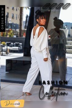 Sexy Deep V Backless Loose Jumpsuit Shades Of White Wedding, White Party Attire, White Wedding Guest, White Wide Leg Jumpsuit, Elegant Rompers, Backless Long Sleeve, Backless Romper, Wrap Jumpsuit, Loose Jumpsuit