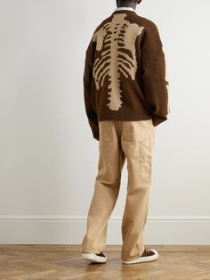 KAPITAL's sweater is intarsia-knitted with the brand's signature skeleton motif along the back and arms. It's made from insulating wool and ribbed at the edges to define the oversized shape. Brown Wool Sweater With Knitting Details, Kapital Sweatpants, Kapital Skeleton Sweater, Womens Intarsia Sweater, Kapital Century Denim, Brown Sweater, Wool Sweaters, Men Sweater, Knitwear