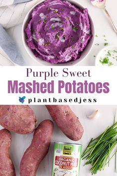 purple sweet mashed potatoes in a white bowl next to a can of puree