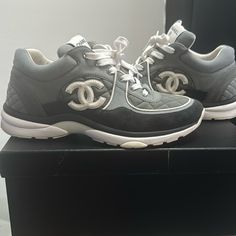 Hello Ladies, I Am Selling My Chanel Trainer Size 41 Women’s Would Be Considered A Size 10 In Women’s. That’s What I Am Great Condition. Only Worn About Two Times The Right Shoe In The Back Does Have Shoe Stain I Got Stepped On Pictured Attached But Other Than That They Are In Great Condition. They Are Gray With Dark Gray Mix. Made In Italy Yes, Come With Original Chanel Box Luxury Gray Sneakers With Round Toe, Luxury Gray Round Toe Sneakers, Designer Gray Sneakers With Round Toe, Luxury Silver Custom Sneakers, Chanel Trainers, Shoes Chanel, Chanel Box, Hello Ladies, Chanel Shoes