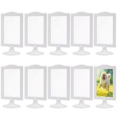 a set of nine white pedestal mirrors with pictures on the front and back sides, each displaying a dog's face