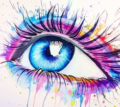 an eye with colorful paint splattered on it and watercolors all around