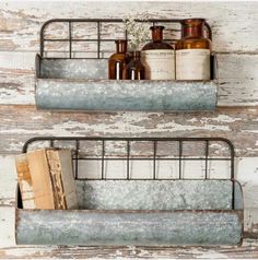 two metal shelves with bottles and soap on them