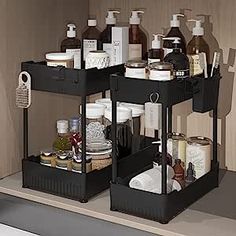 three tiered shelf with bottles and soaps on it