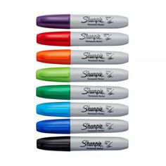 four different colors of sharpie pens in various shapes and sizes, with the words sharpie written on them