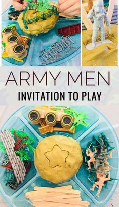 an army men birthday party with toys and food