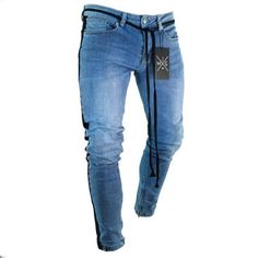 Wear-and-tear and scratches are the main feature of these stone washed stretch denim 5 pocket pants. The sporty inspiration is highlighted by the side featuring the stright lines. A stripe with the brand’s lettering is printed on the left leg and ribbed fabric inserts are sewn on the knees. Cotton ribbed waistband with drawstring. A leather badge with the brand's hexagonal logo on the right rear pocket. Cotton ribbed bottom cuffs. Two needle stitching. Fit: Slim fit.[custom tab] FABRIC #1: 99% C Sporty Straight Leg Denim Blue Jeans, Sporty Straight Leg Denim Jeans, Sporty Denim Jeans For Streetwear, Sporty Dark Wash Denim Jeans, Dark Wash Sporty Denim Jeans, Sporty Stretch Denim Jeans, Biker Jeans Men, Ripped Biker Jeans, Hip Hop Sweatpants