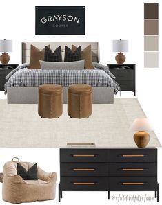 a bedroom is shown with furniture and decor in shades of brown, gray, and white