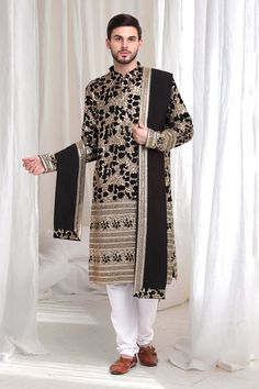 Black straight kurta with all over sequin, jaal embroidery. Paired with a churidar and dupatta. - Aza Fashions Jaal Embroidery, Kurta Patterns, Straight Kurta, Cotton Embroidery, Churidar, Aza Fashion, Full Sleeve, Stand Collar, Black Cotton