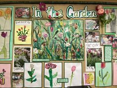 a bulletin board with flowers and pictures on it that say in the garden, grow