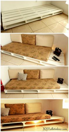 three pictures of different types of couches in various stages of being made into a bed