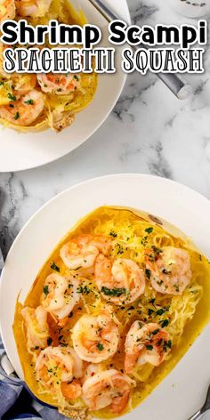 shrimp scampi spaghetti in a white bowl on a marble counter top with text overlay