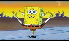 an animated spongebob character is standing in the water with his arms spread out