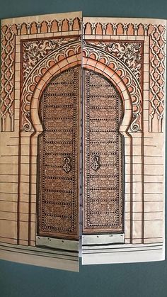 an open book with intricate designs on the front and back cover, opened to reveal a doorway