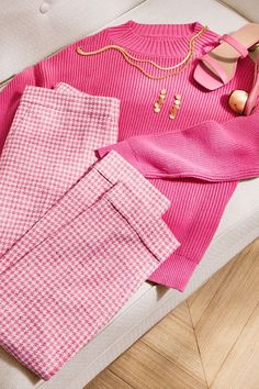 In a flattering ribbed stitch, our drop-shouldered crew neck sweater is cozy and comfortable. Crew neck. Long sleeves. Drop shoulders. Pink Houndstooth, Houndstooth Pants, Pink Palette, Ribbed Sweater, Ankle Pants, Get Dressed, Crew Neck Sweater