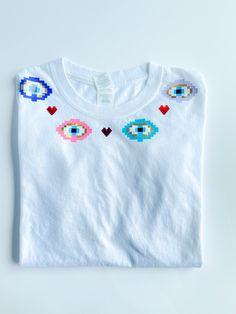 Multicolor Cotton Top As Gift, Multicolor Cotton Top As A Gift, Handmade White Cotton Tops, Casual Handmade Short Sleeve Tops, Casual Multicolor Handmade Tops, White Summer T-shirt Gift, White Summer T-shirt For Gift, Handmade Casual Crew Neck Tops, White Summer T-shirt For Gifts