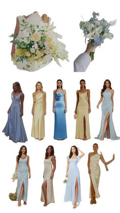 bridesmaid dresses and bouquets are arranged in the same style, but different colors