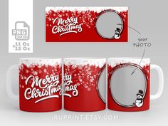 two coffee mugs with merry christmas designs on them