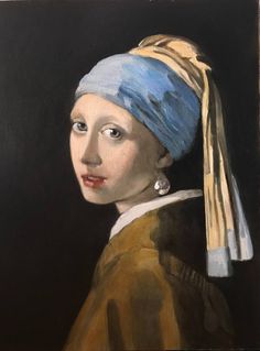 a painting of a girl with a pearl ear wearing a blue and yellow headband