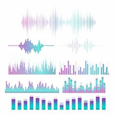 sound waves are shown in different colors and sizes, including blue, green, purple, and pink