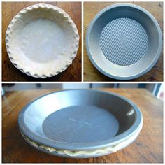 three different views of pie pans on a table